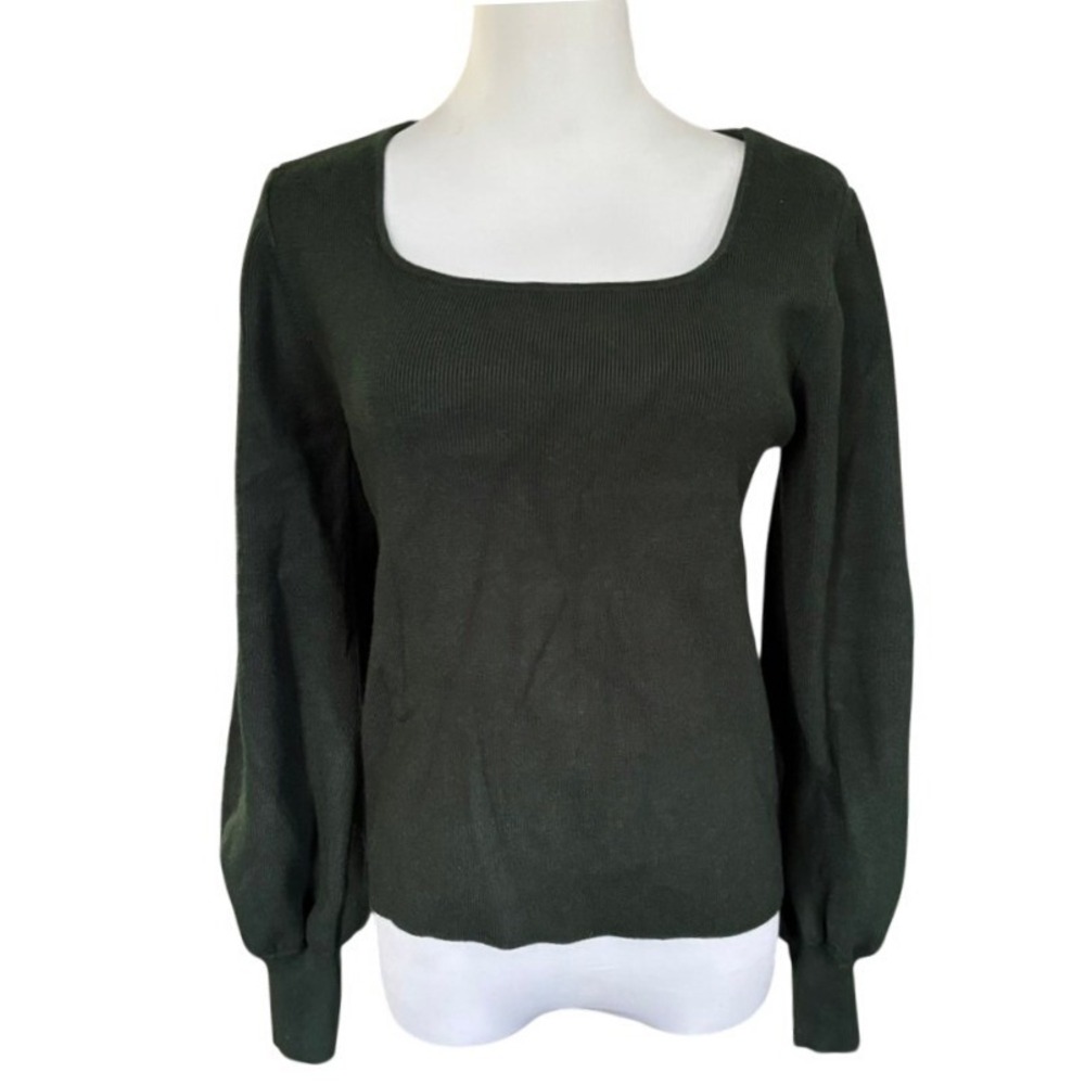 Avara Puff Sleeve Sweater Size L‎ Forest Green Ribbed Romantic